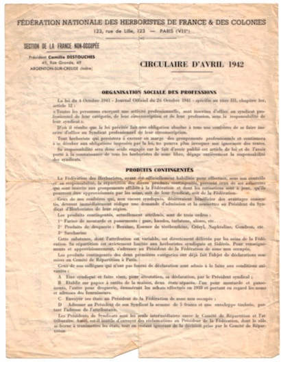 Fédération nationale des herboristes - 1942 -recto