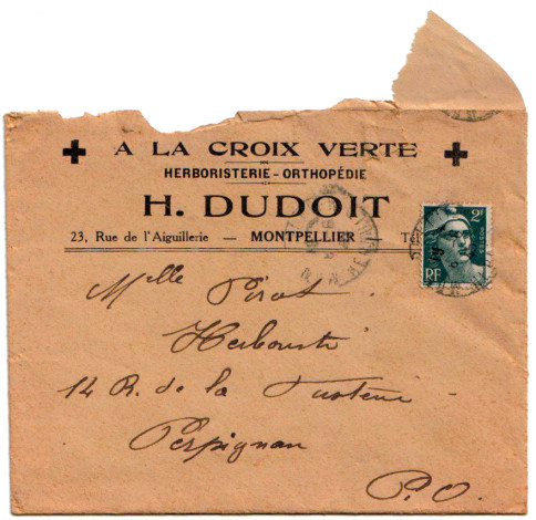 enveloppe destinée à l'herboriste 1945